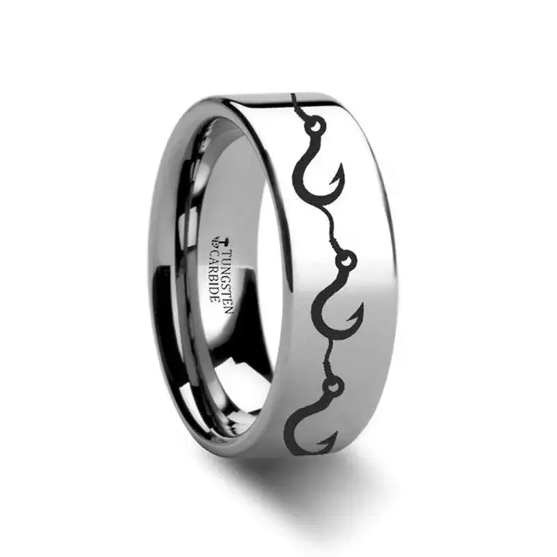 Multiple Fishing Hook Pattern Engraved Flat Tungsten Ring - 4mm - 12mm