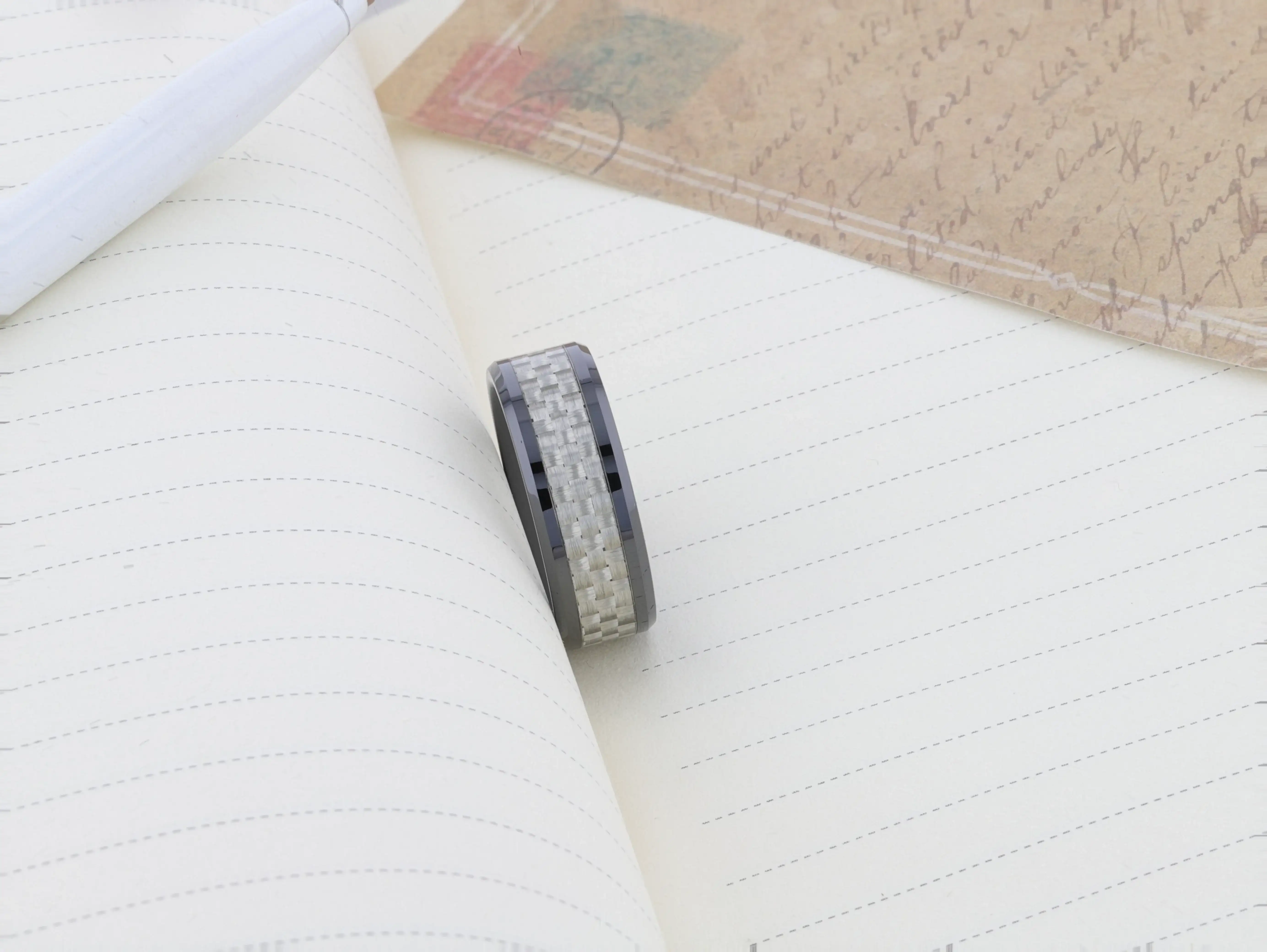 MYSTIQUE Beveled White Carbon Fiber Inlaid Ceramic Ring - 8mm - Image 5