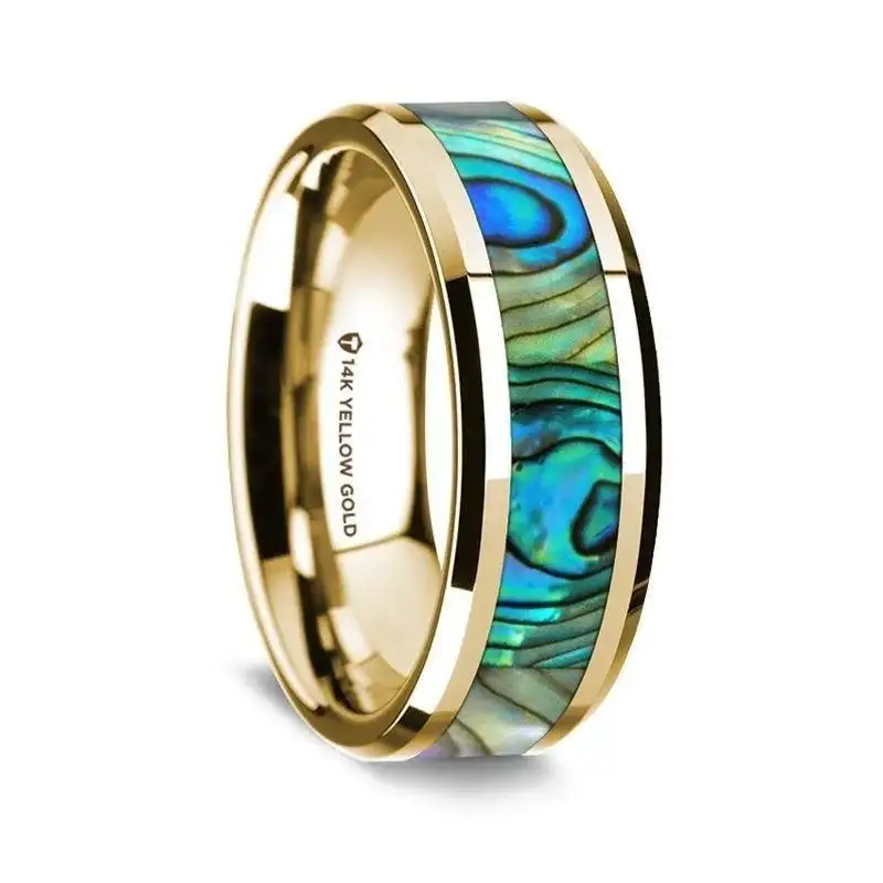 NACRE Beveled Polished 14K Yellow Gold Ring with Mother of Pearl Inlay - 8mm