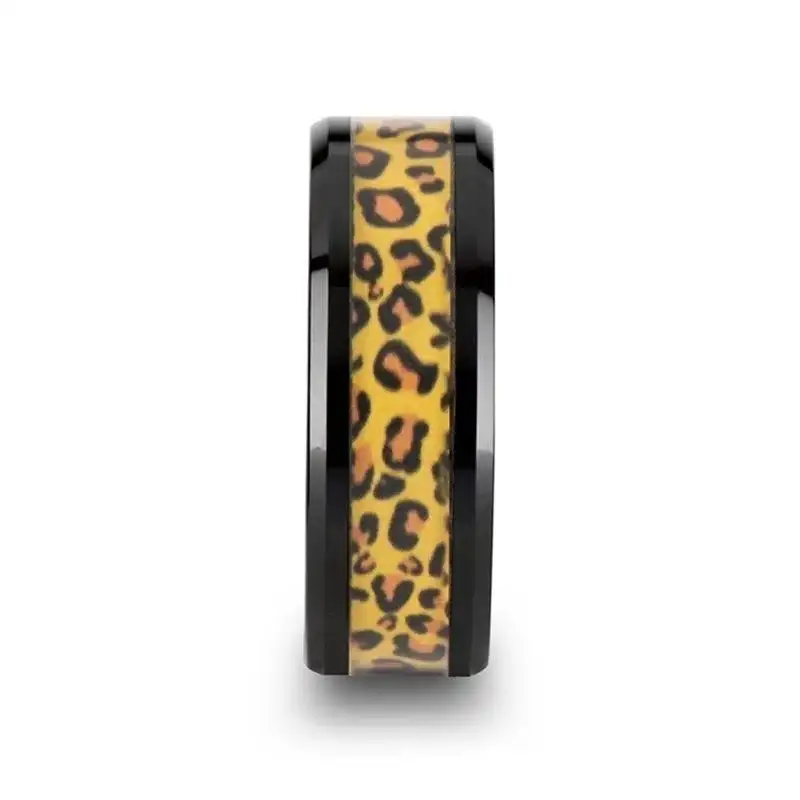 NAMIBIA Black Ceramic Wedding Band with Cheetah Print Animal Design Inlay - 6mm & 8mm - Image 2