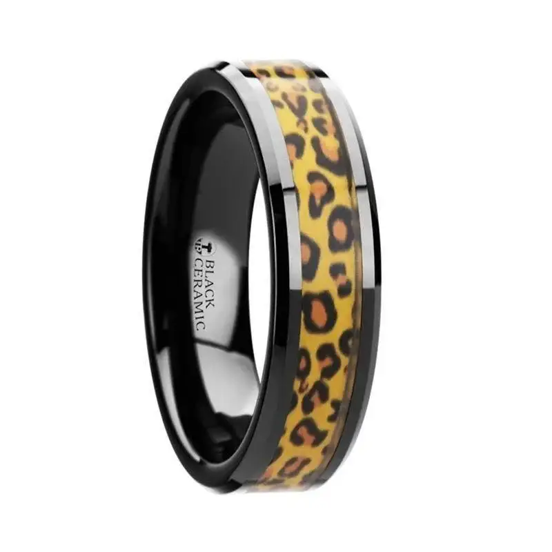 NAMIBIA Black Ceramic Wedding Band with Cheetah Print Animal Design Inlay - 6mm & 8mm - Image 3