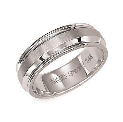 NATHAN Flat Stainless Steel Comfort Fit Wedding Band with Brush Finish Beveled Center and Round Rims by Triton Rings - 7 mm