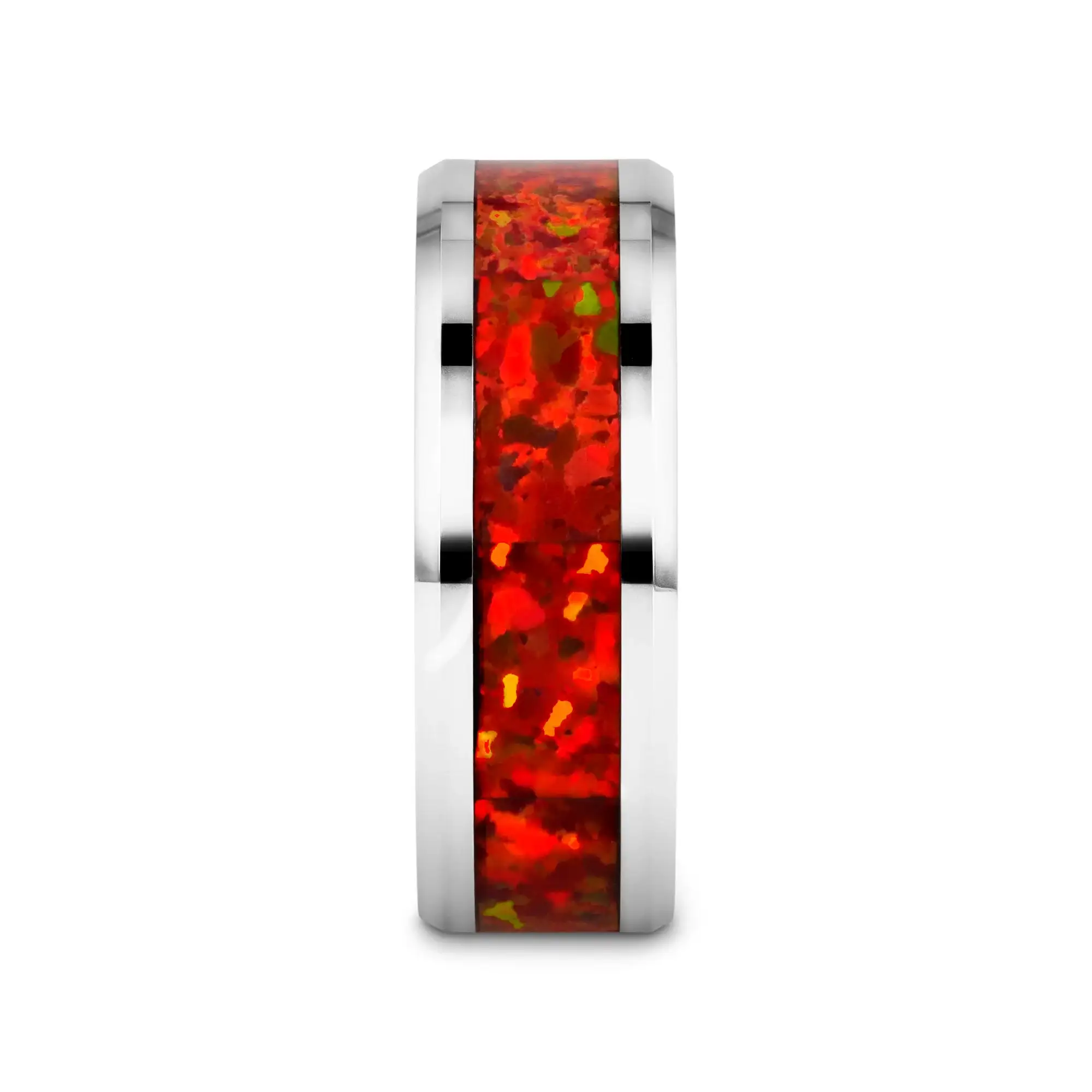 NEBULA Tungsten Wedding Band with Beveled Edges and Red Opal Inlay - 4mm - 8mm - Image 2