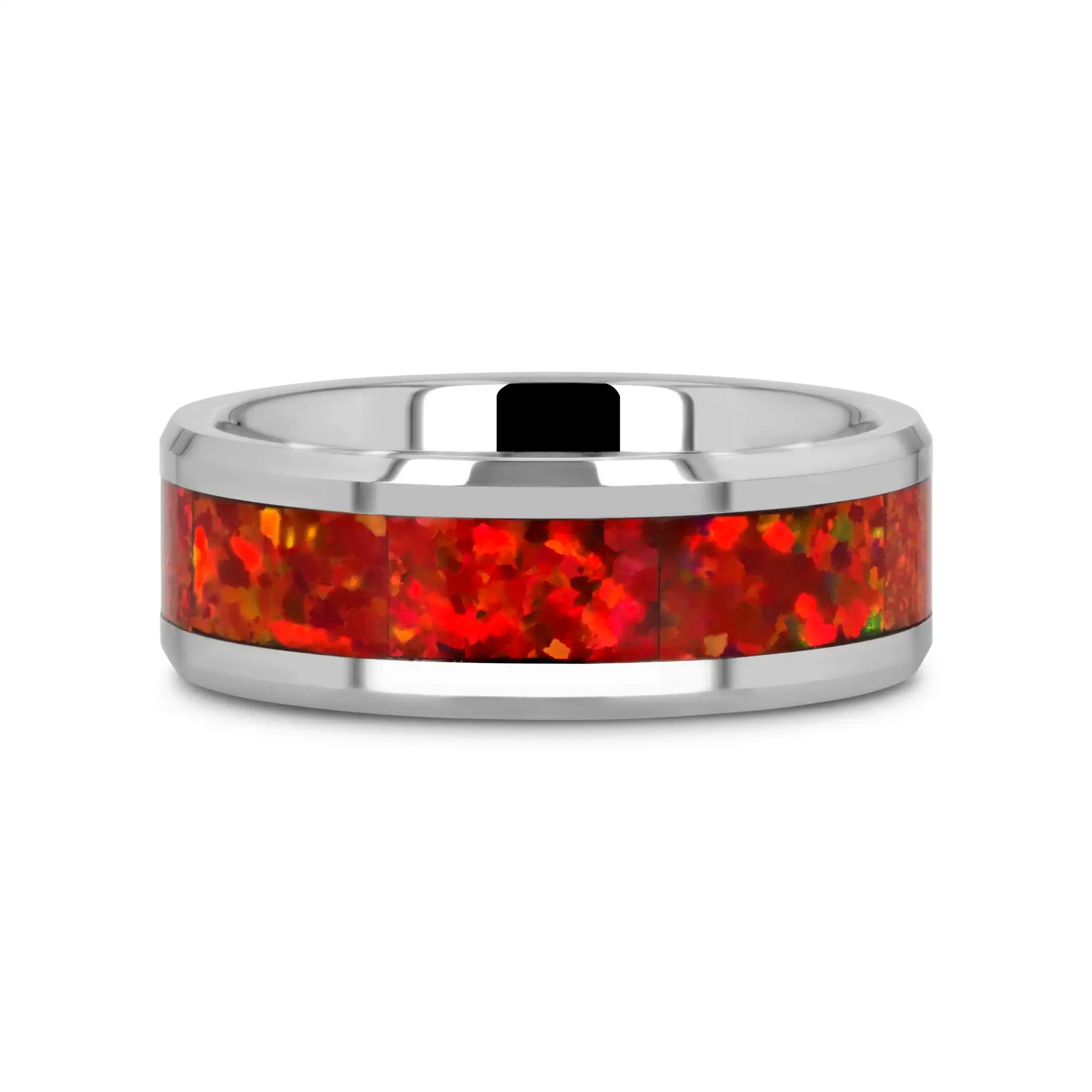 NEBULA Tungsten Wedding Band with Beveled Edges and Red Opal Inlay - 4mm - 8mm - Image 3
