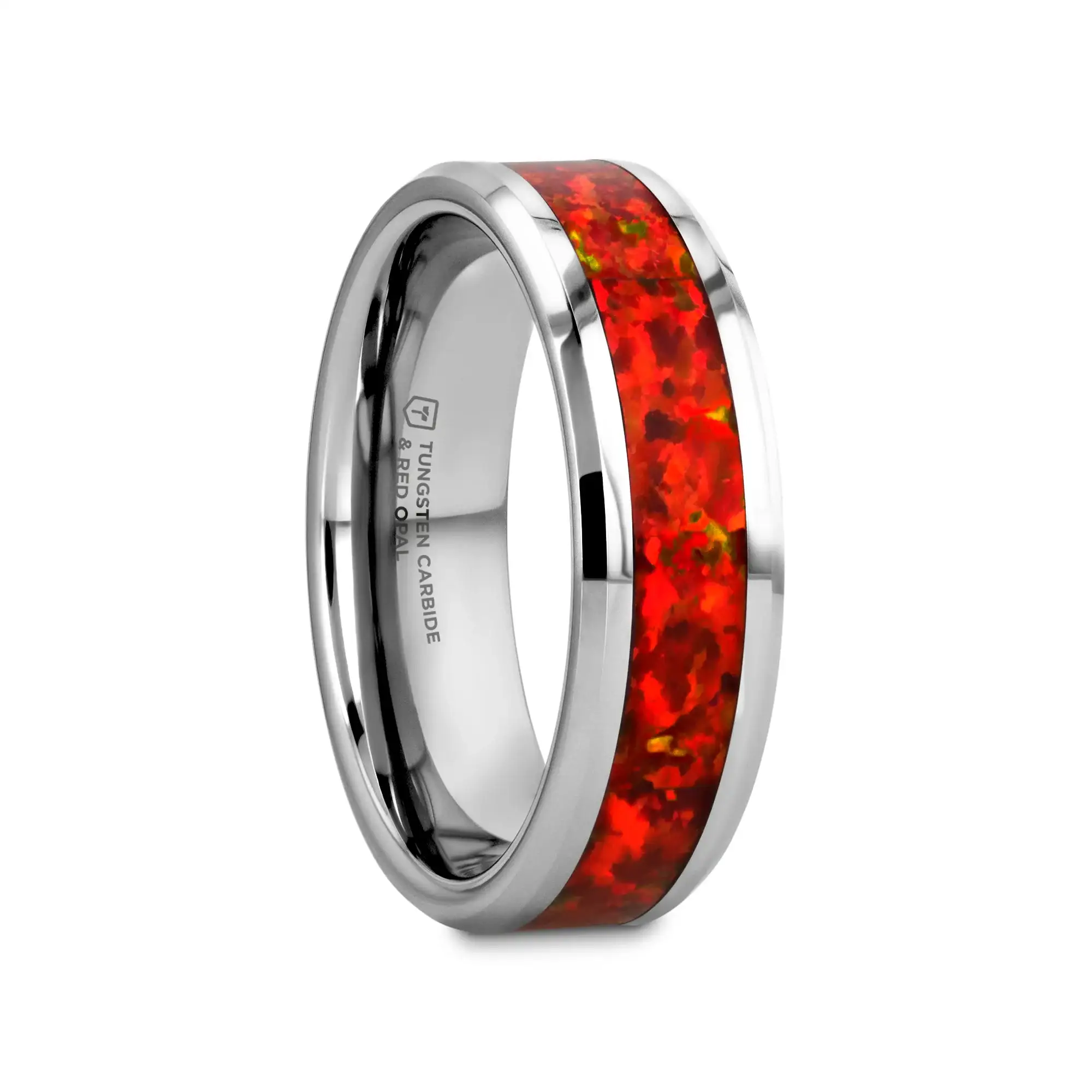 NEBULA Tungsten Wedding Band with Beveled Edges and Red Opal Inlay - 4mm - 8mm - Image 4