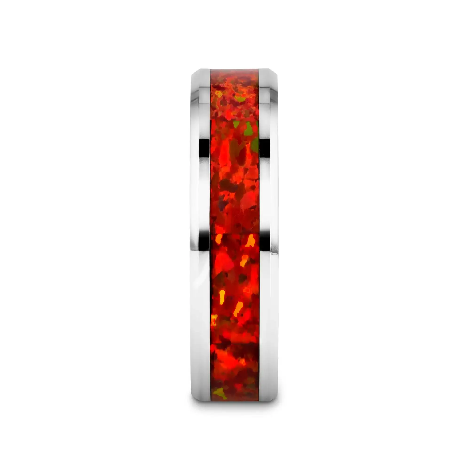 NEBULA Tungsten Wedding Band with Beveled Edges and Red Opal Inlay - 4mm - 8mm - Image 5