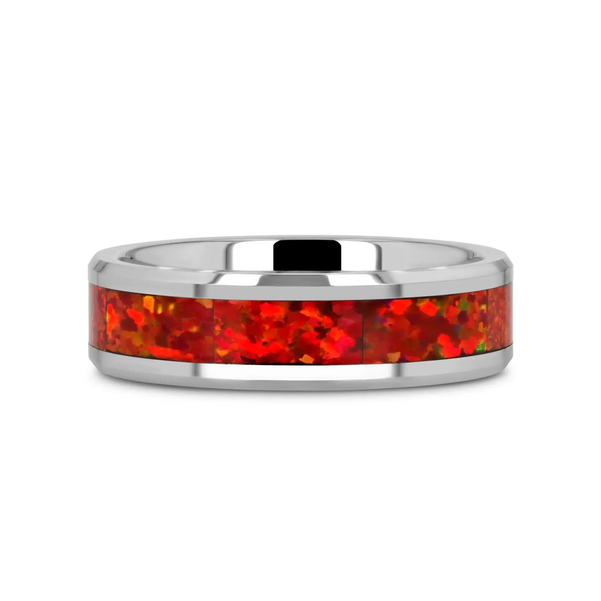 NEBULA Tungsten Wedding Band with Beveled Edges and Red Opal Inlay - 4mm - 8mm - Image 6