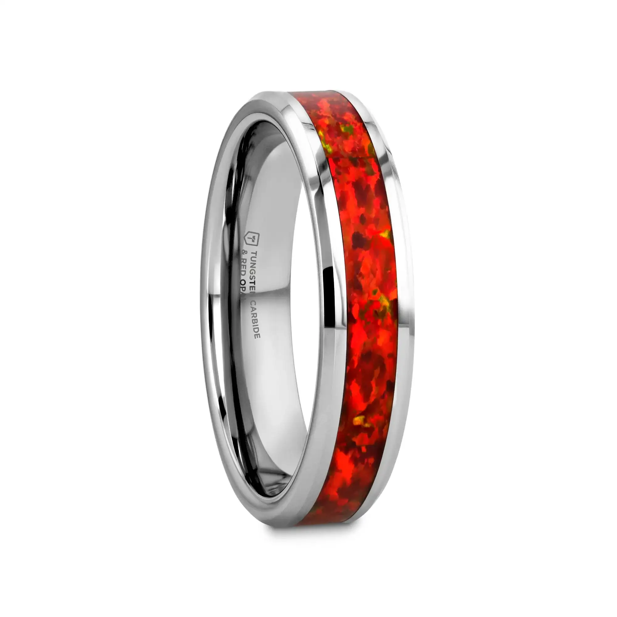 NEBULA Tungsten Wedding Band with Beveled Edges and Red Opal Inlay - 4mm - 8mm - Image 7