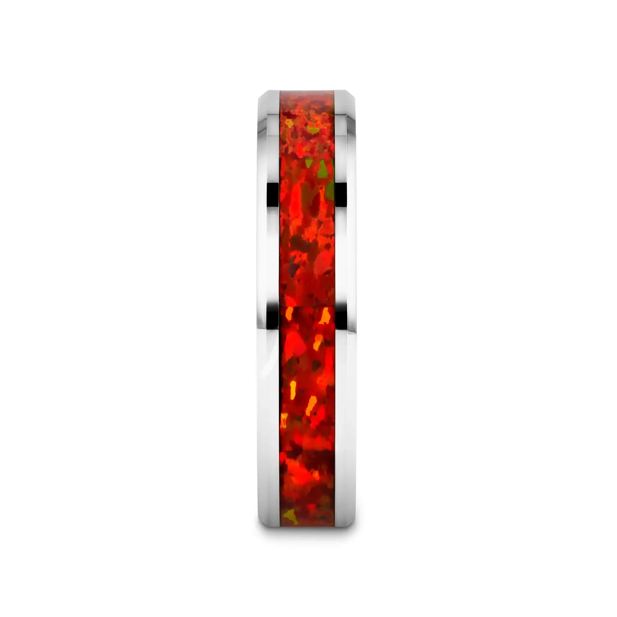 NEBULA Tungsten Wedding Band with Beveled Edges and Red Opal Inlay - 4mm - 8mm - Image 8