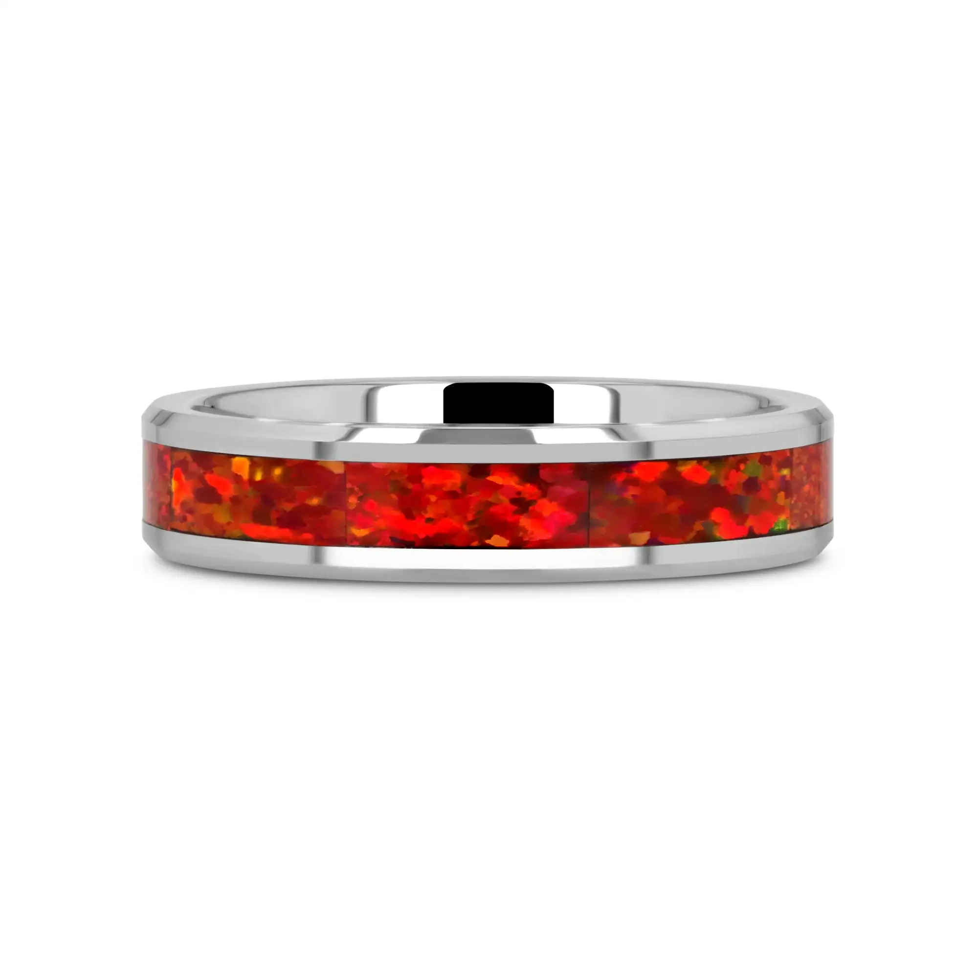 NEBULA Tungsten Wedding Band with Beveled Edges and Red Opal Inlay - 4mm - 8mm - Image 9