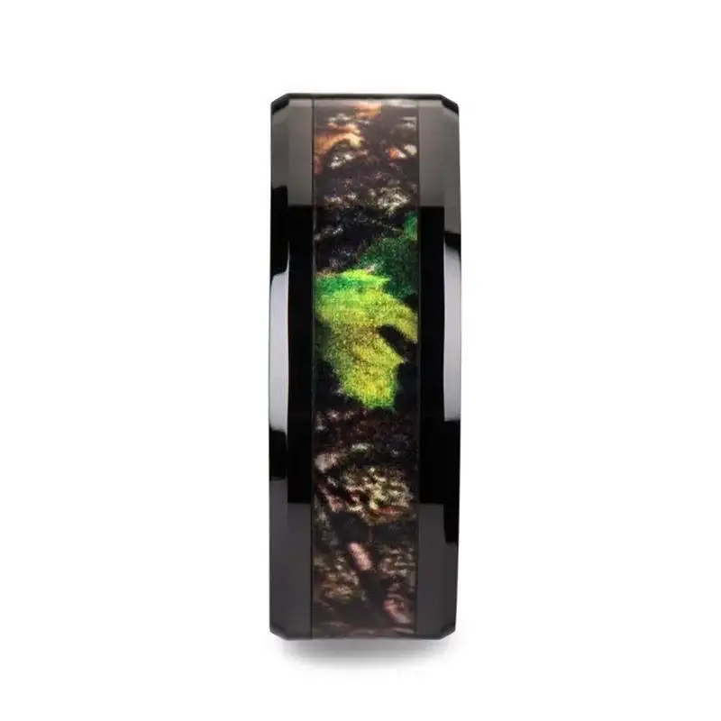 NIGHTFALL Realistic Tree Camo Black Ceramic Wedding Band with Green Leaves - 8mm - Image 2