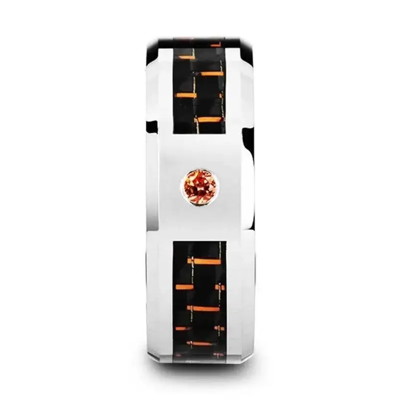 NOAH Tungsten Ring with Black and Orange Carbon Fiber and Orange Padparadscha Setting - 8mm - Image 2