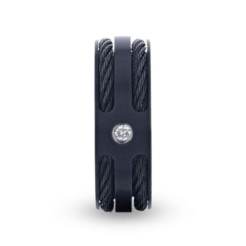 NOIR Double Black Rope Inlaid Brushed Matte Black Titanium Men's Wedding Band With Black Edge Channel Setting And White Diamond In The Center - 8mm - Image 2