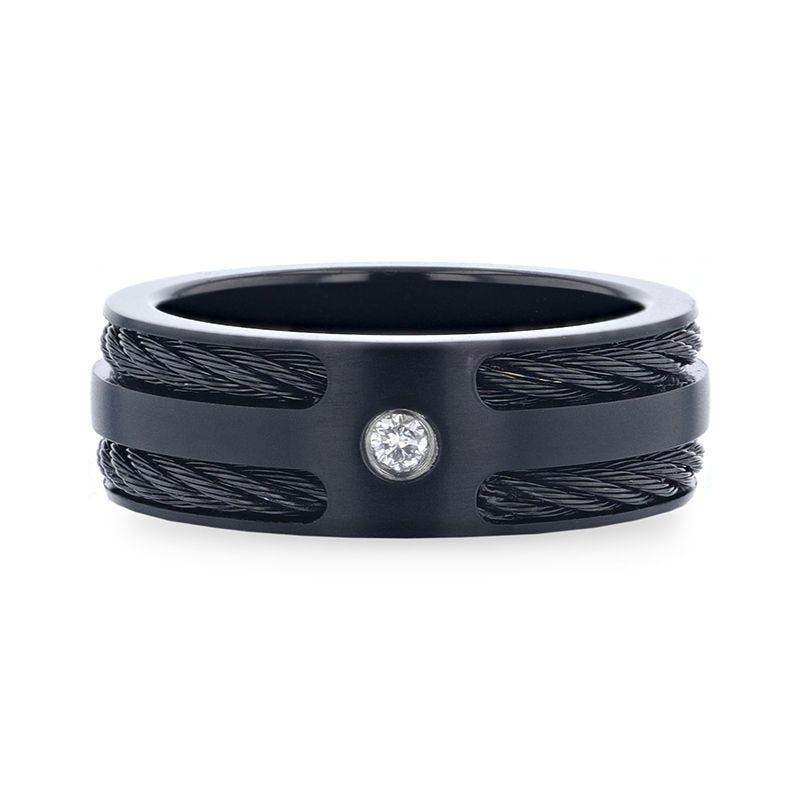 NOIR Double Black Rope Inlaid Brushed Matte Black Titanium Men's Wedding Band With Black Edge Channel Setting And White Diamond In The Center - 8mm - Image 3