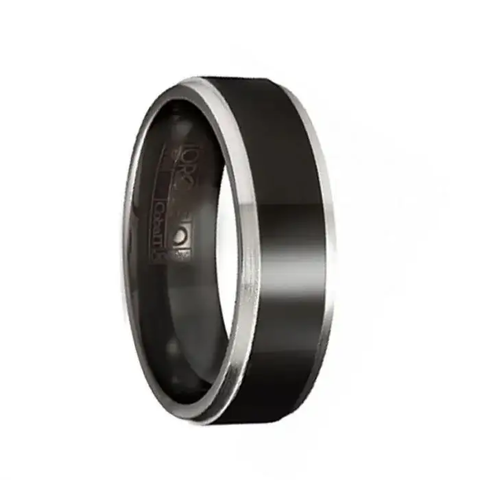 NOOK Torque Black Cobalt Wedding Band Raised Center Polished Finish with White Beveled Edges - 7 mm