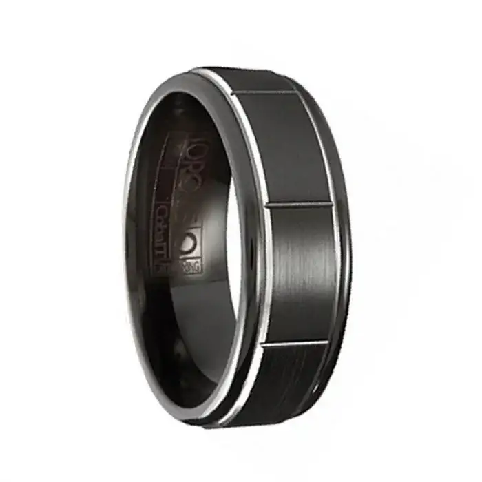 NUKEM Torque Black Cobalt Wedding Band Brushed Center Groove Line Design Round Edges - 7 mm