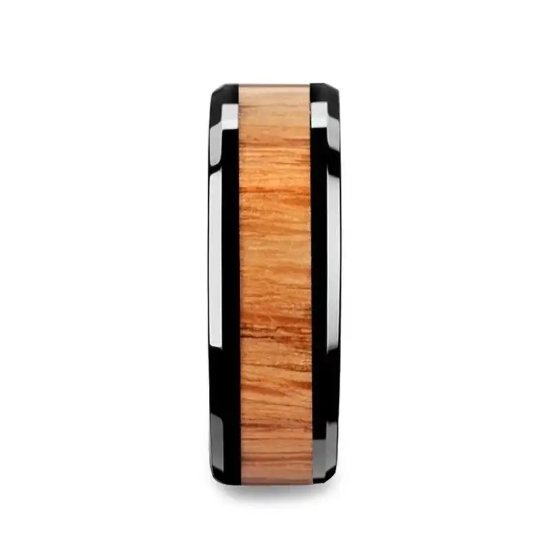 OBLIVION Red Oak Wood Inlaid Black Ceramic Ring with Bevels - 10mm - Image 2