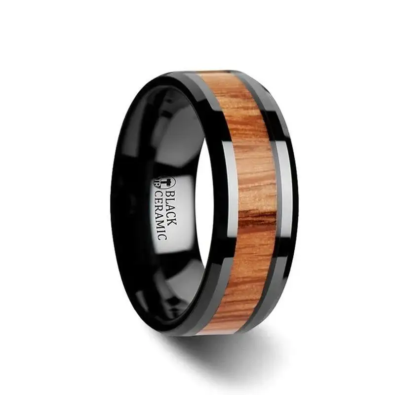 OBLIVION Red Oak Wood Inlaid Black Ceramic Ring with Bevels - 10mm - Image 3