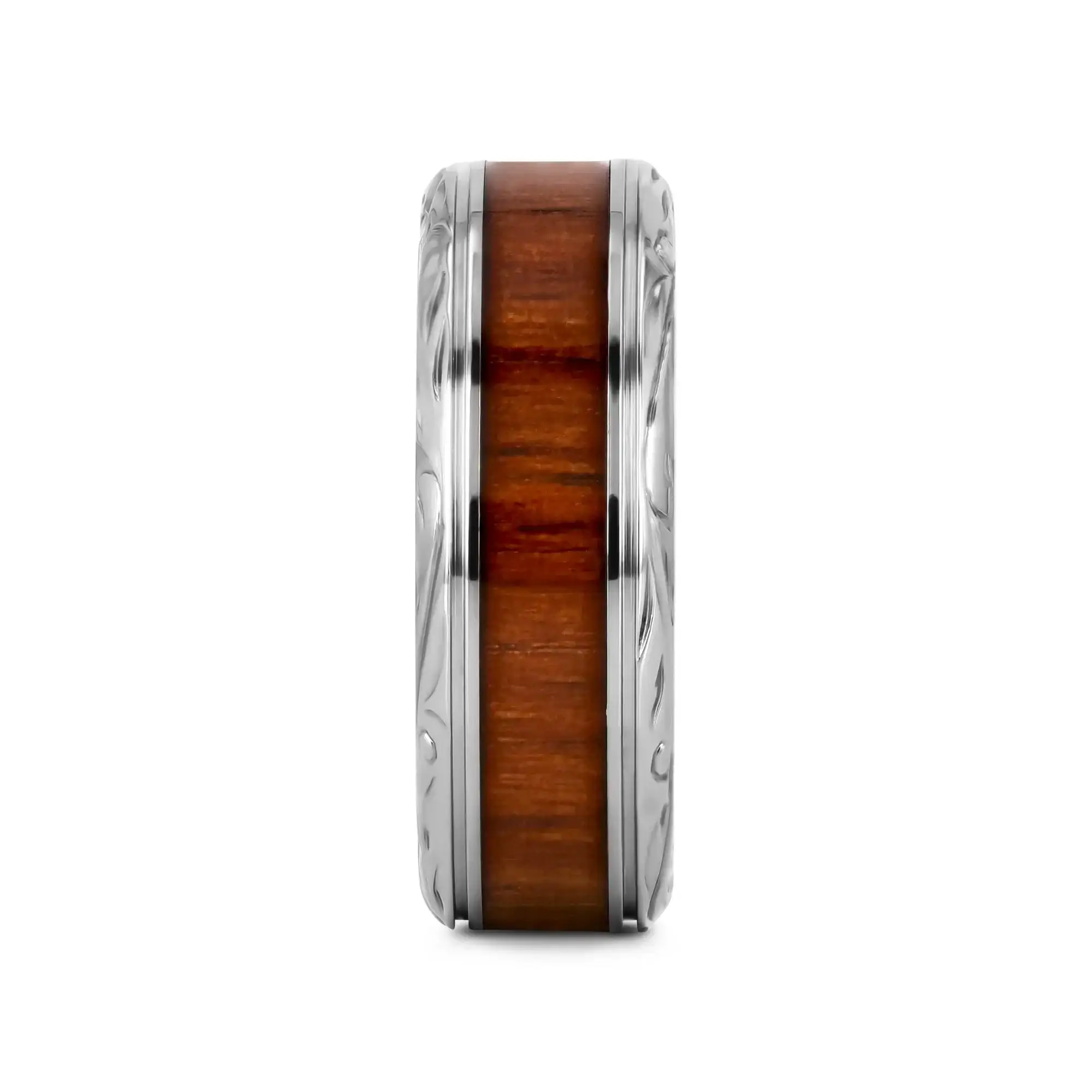OHANA Koa Wood Inlaid Titanium Men’s Wedding Ring with Intricate Edges - 6mm - 10mm - Image 2