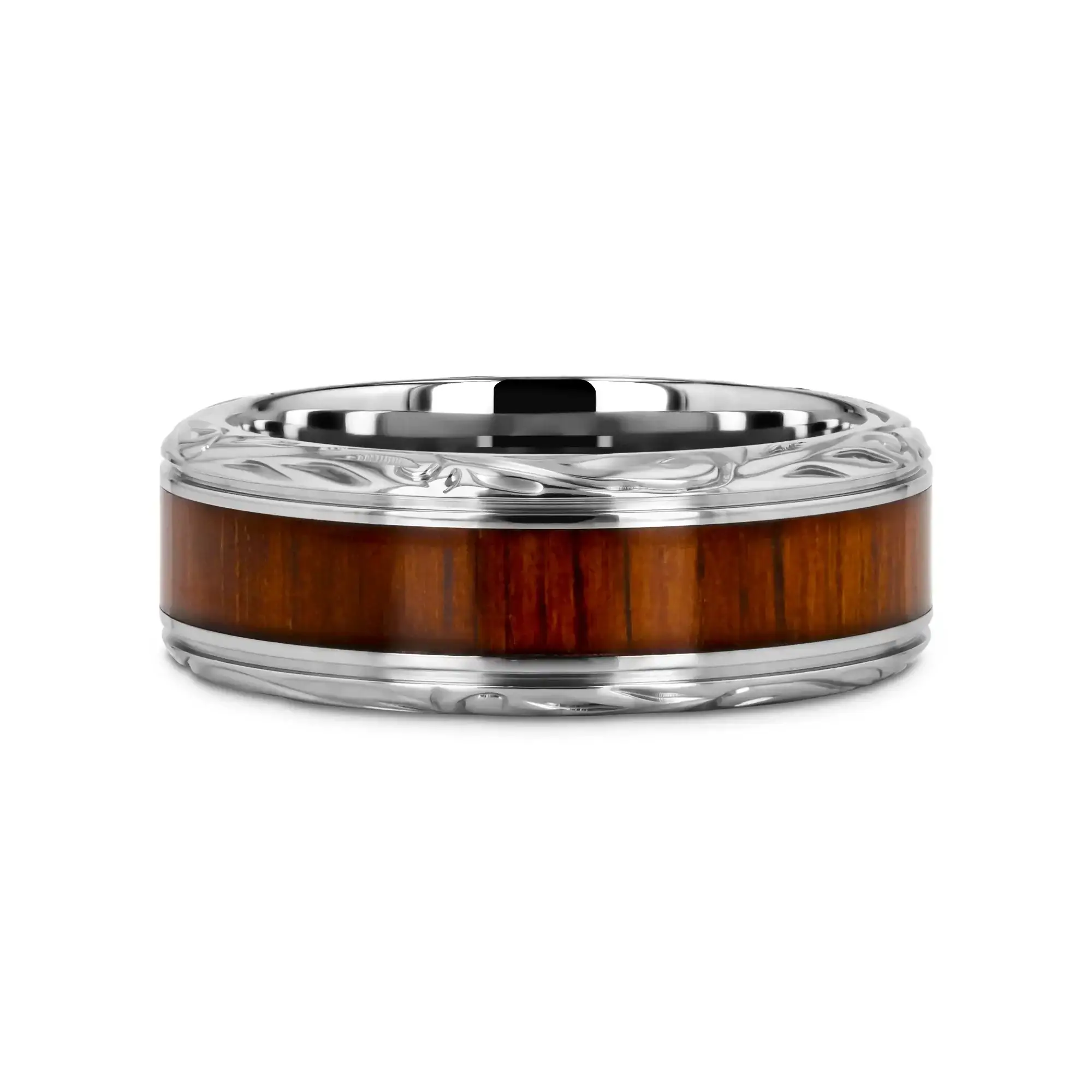 OHANA Koa Wood Inlaid Titanium Men’s Wedding Ring with Intricate Edges - 6mm - 10mm - Image 3