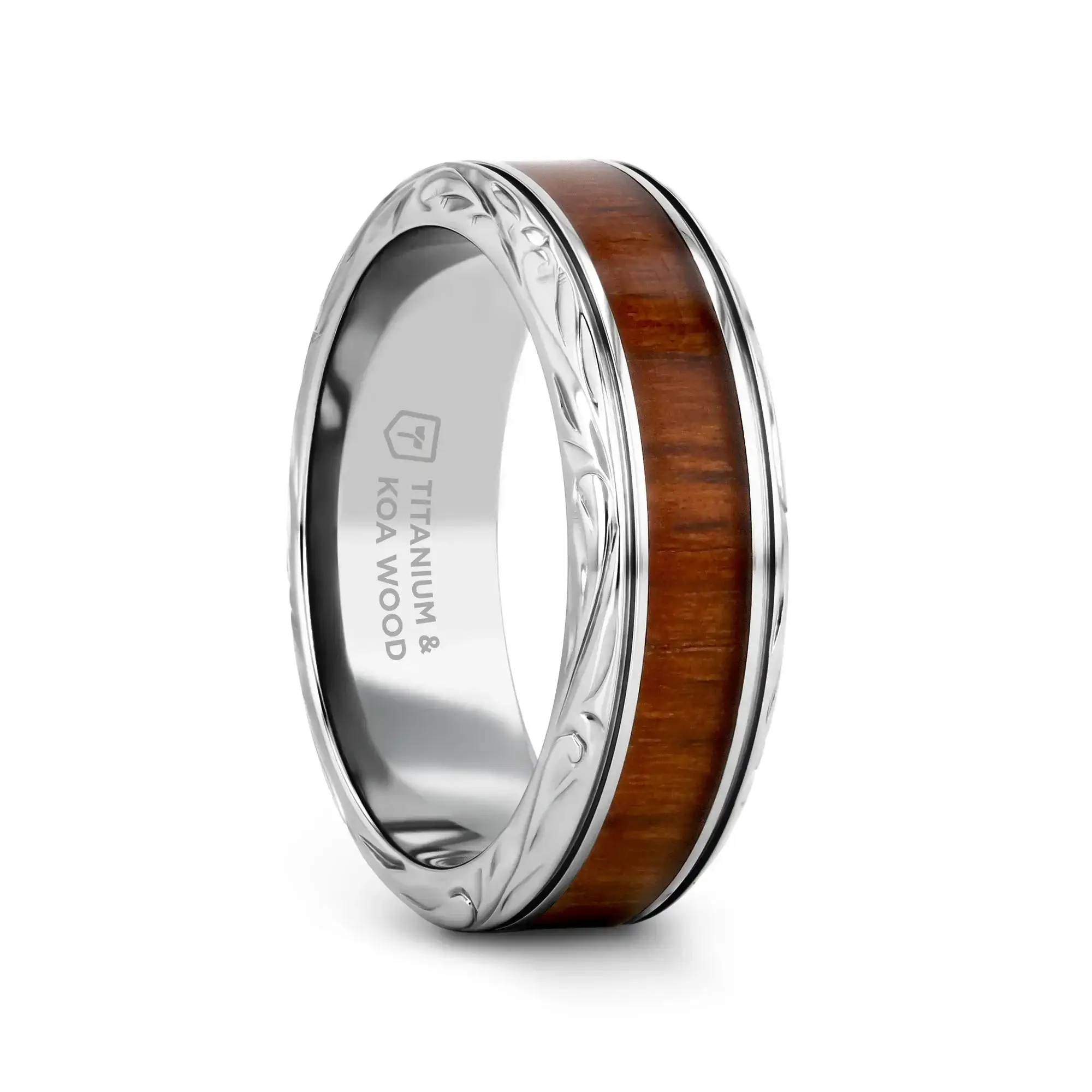 OHANA Koa Wood Inlaid Titanium Men’s Wedding Ring with Intricate Edges - 6mm - 10mm - Image 4