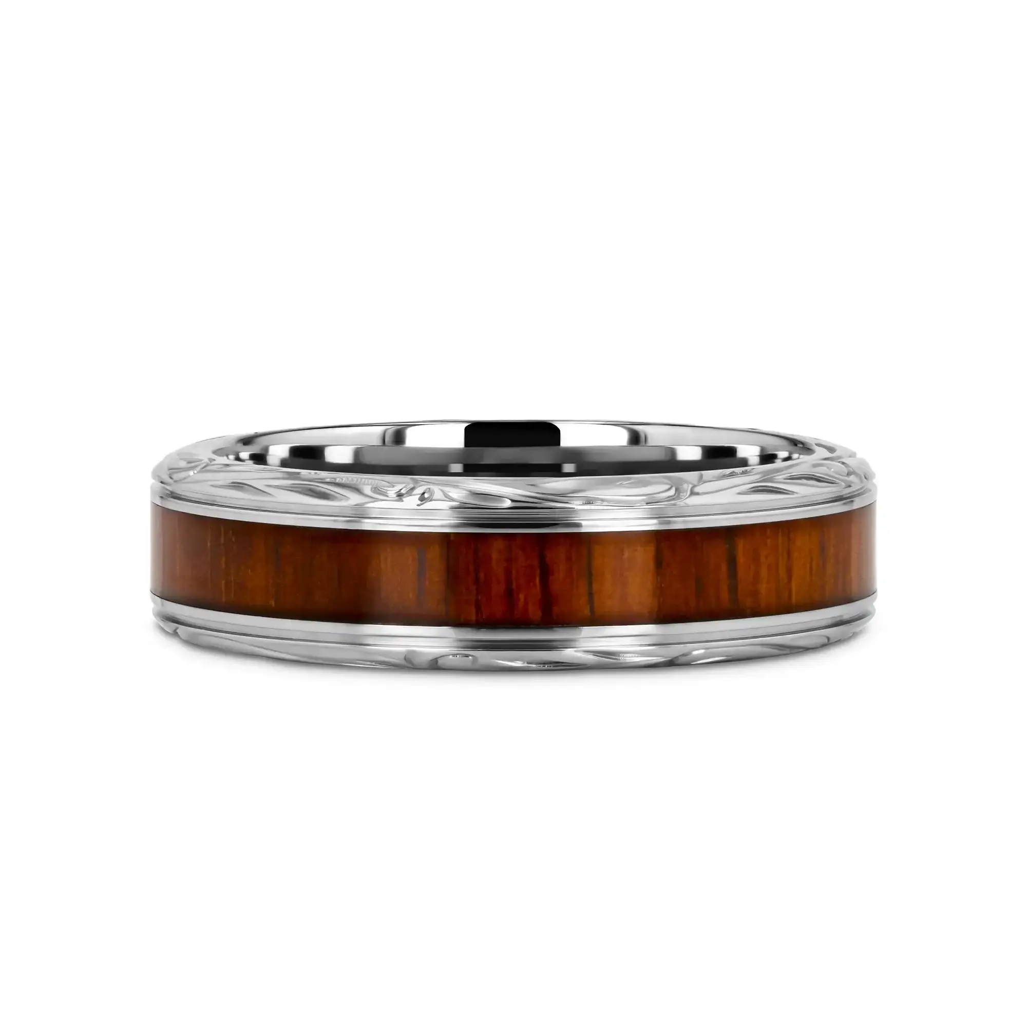 OHANA Koa Wood Inlaid Titanium Men’s Wedding Ring with Intricate Edges - 6mm - 10mm - Image 6