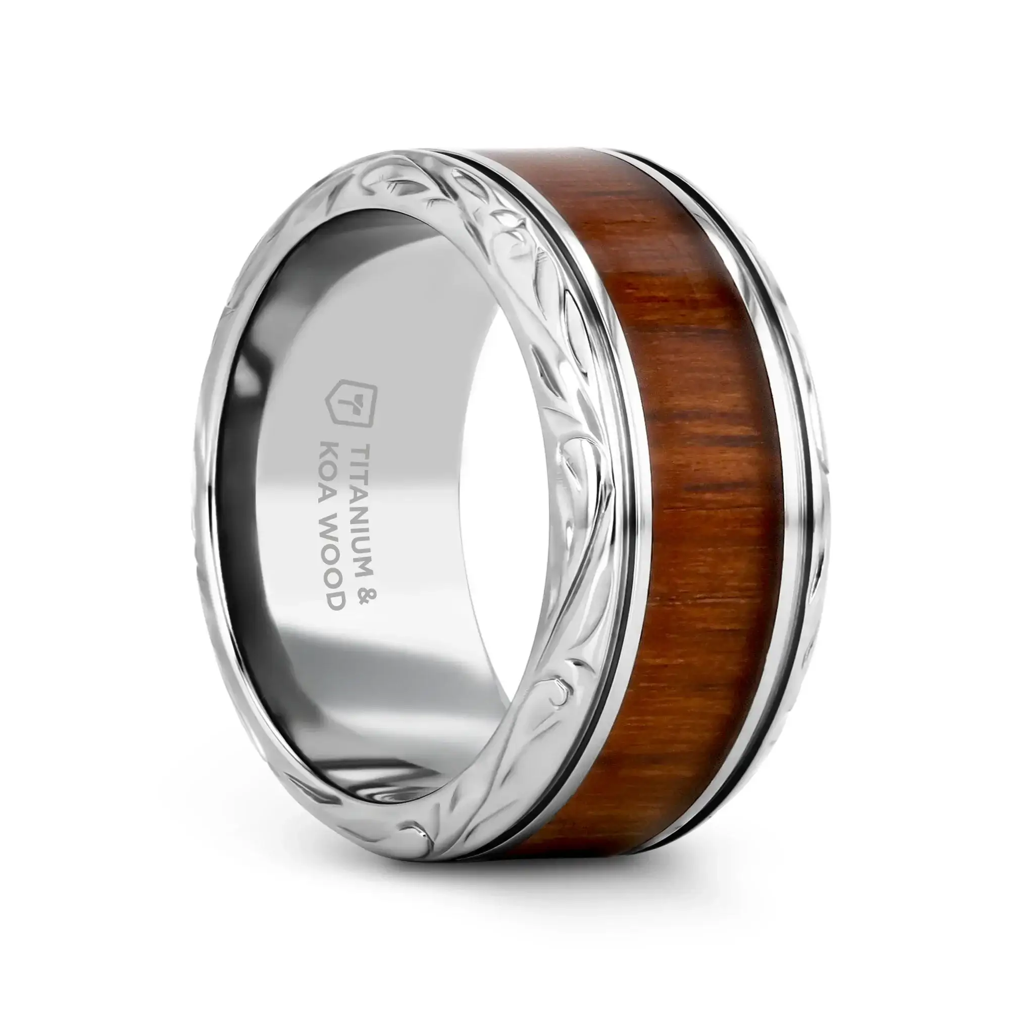 OHANA Koa Wood Inlaid Titanium Men’s Wedding Ring with Intricate Edges - 6mm - 10mm - Image 7