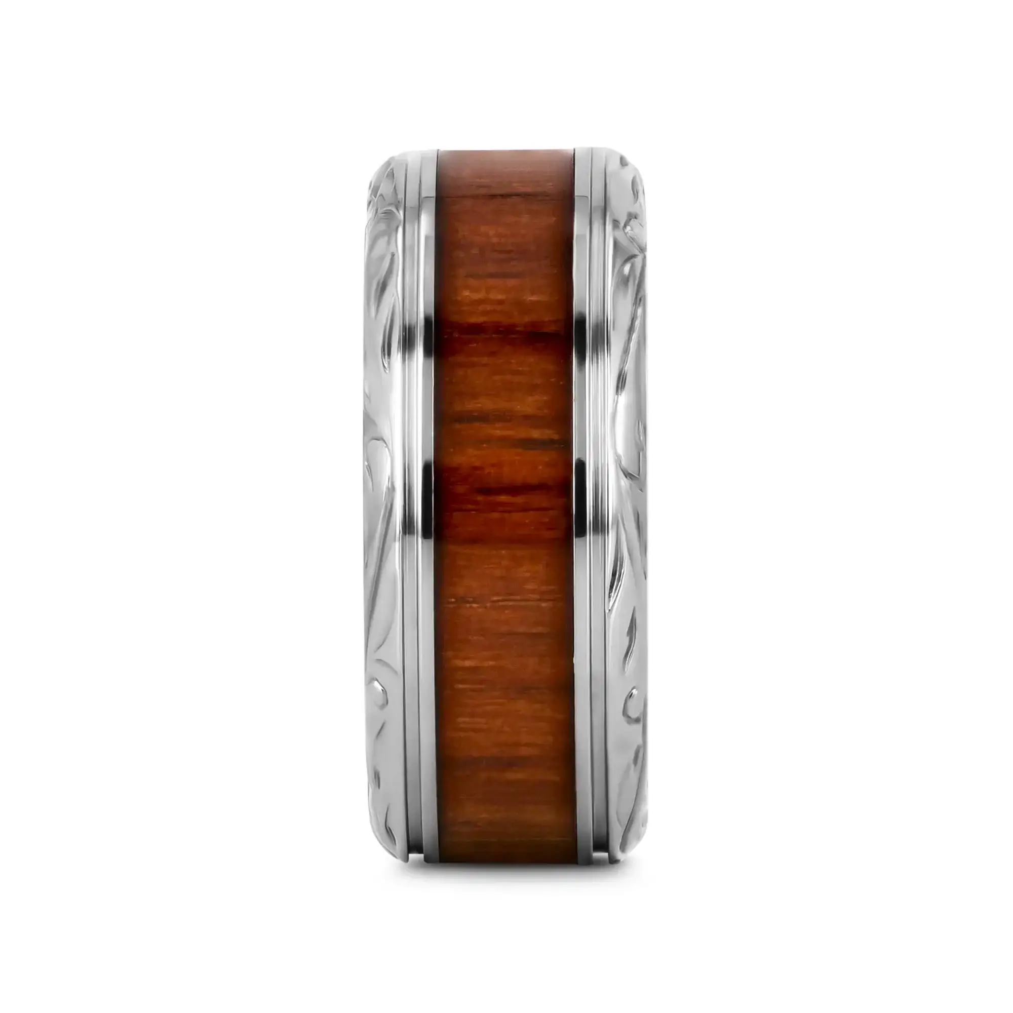OHANA Koa Wood Inlaid Titanium Men’s Wedding Ring with Intricate Edges - 6mm - 10mm - Image 8
