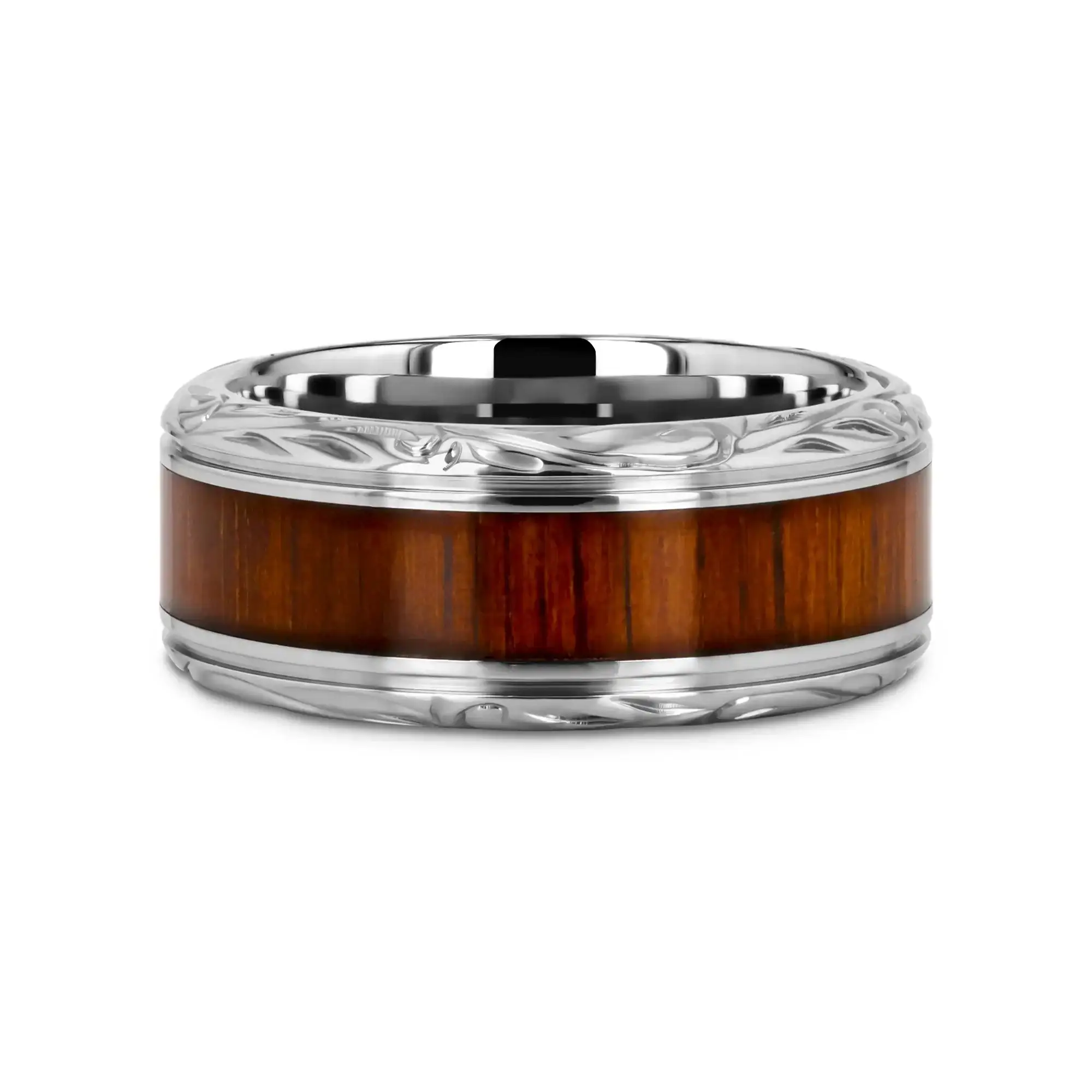 OHANA Koa Wood Inlaid Titanium Men’s Wedding Ring with Intricate Edges - 6mm - 10mm - Image 9