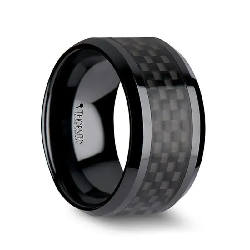 ONYX Black Carbon Fiber Inlaid Black Ceramic Wedding Band - 4mm - 12mm - Image 12