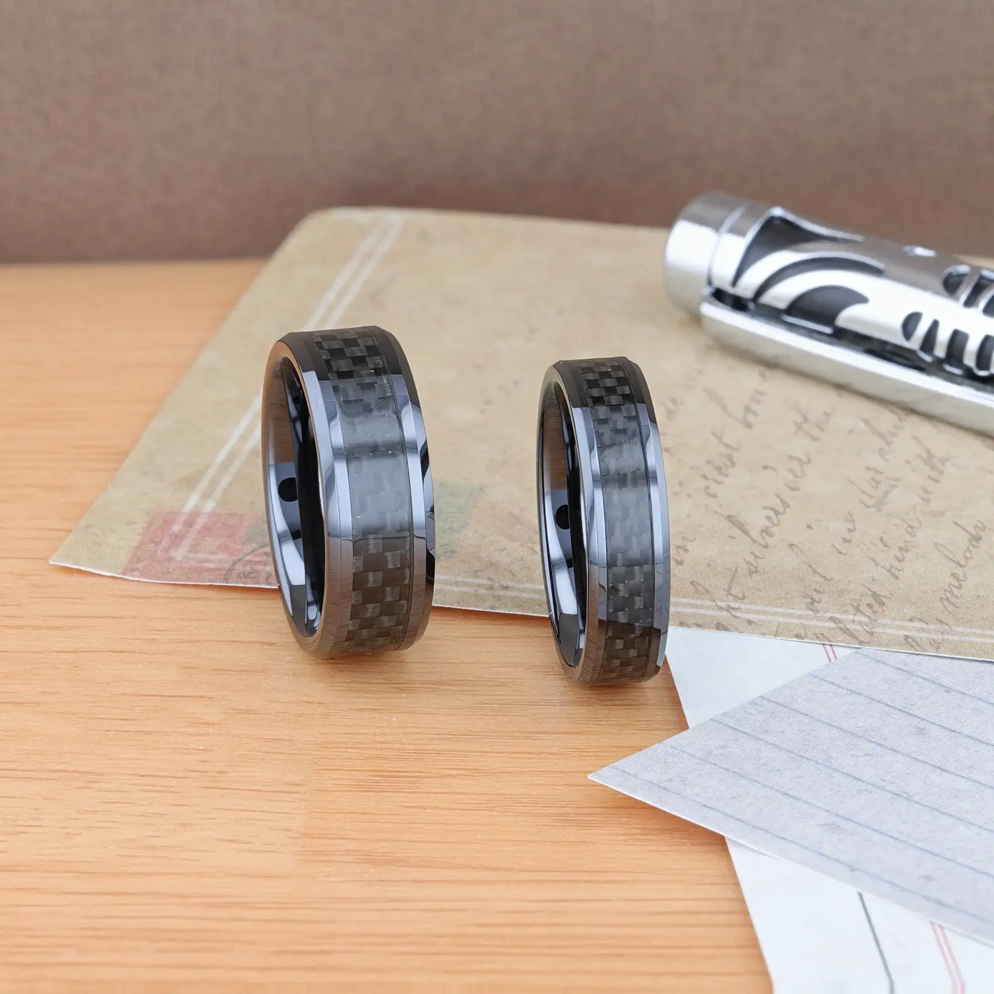 ONYX Black Carbon Fiber Inlaid Black Ceramic Wedding Band - 4mm - 12mm - Image 6