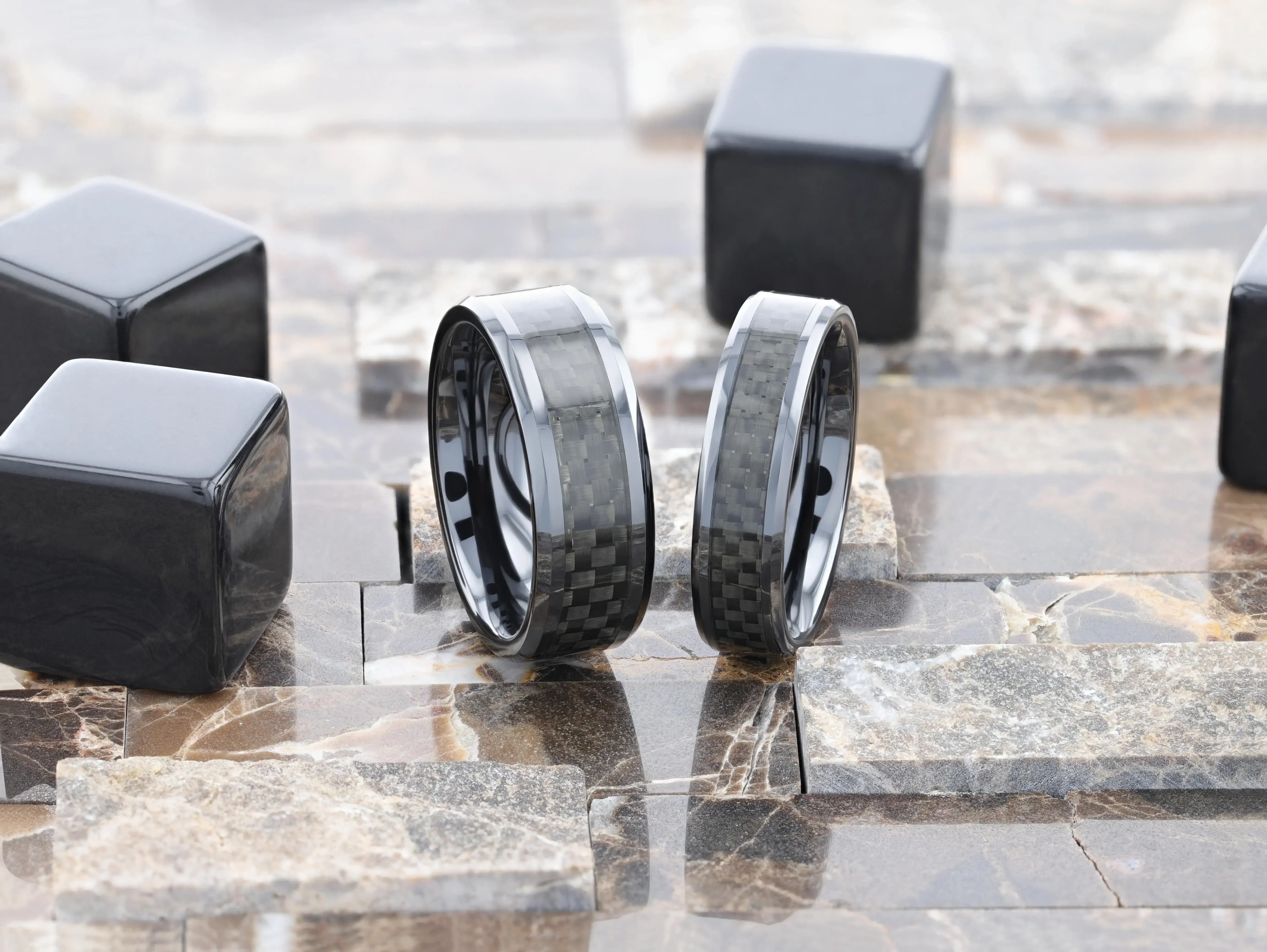 ONYX Black Carbon Fiber Inlaid Black Ceramic Wedding Band - 4mm - 12mm - Image 7