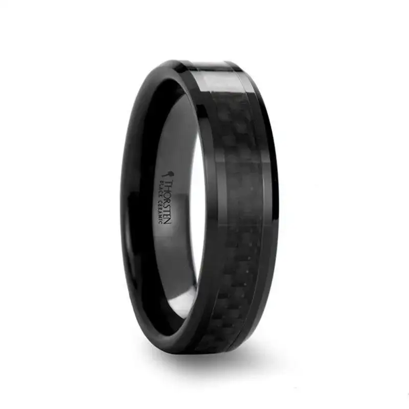 ONYX Black Carbon Fiber Inlaid Black Ceramic Wedding Band - 4mm - 12mm - Image 9