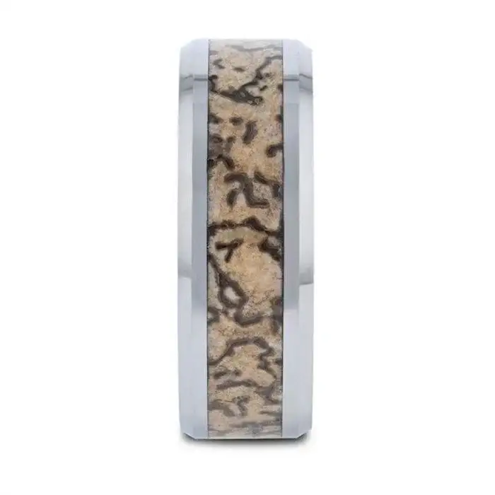 ORDOVICIAN Dinosaur Bone Inlaid Tungsten Carbide Beveled Edged Ring - 4mm or 8mm - Image 2