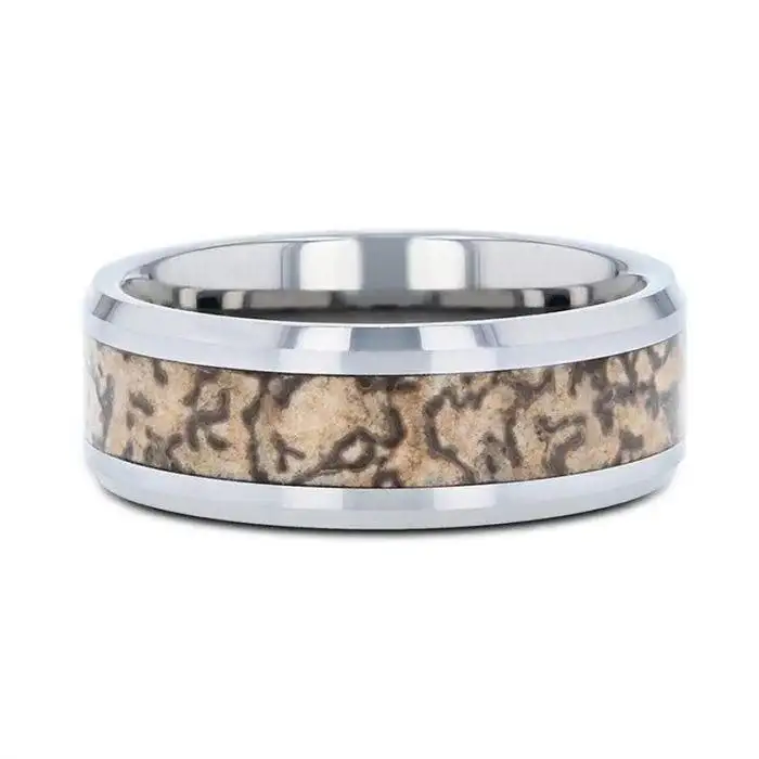 ORDOVICIAN Dinosaur Bone Inlaid Tungsten Carbide Beveled Edged Ring - 4mm or 8mm - Image 3