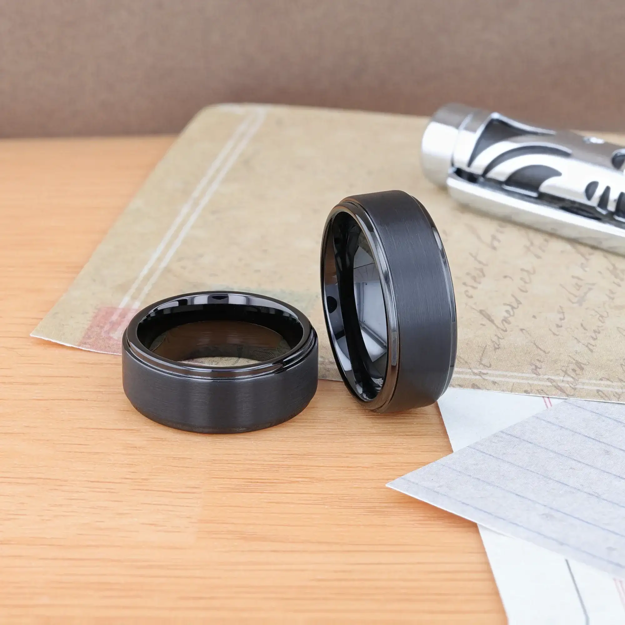 ORION Flat Black Tungsten Ring with Brushed Raised Center & Polished Step Edges - 6mm - 8mm - Image 4