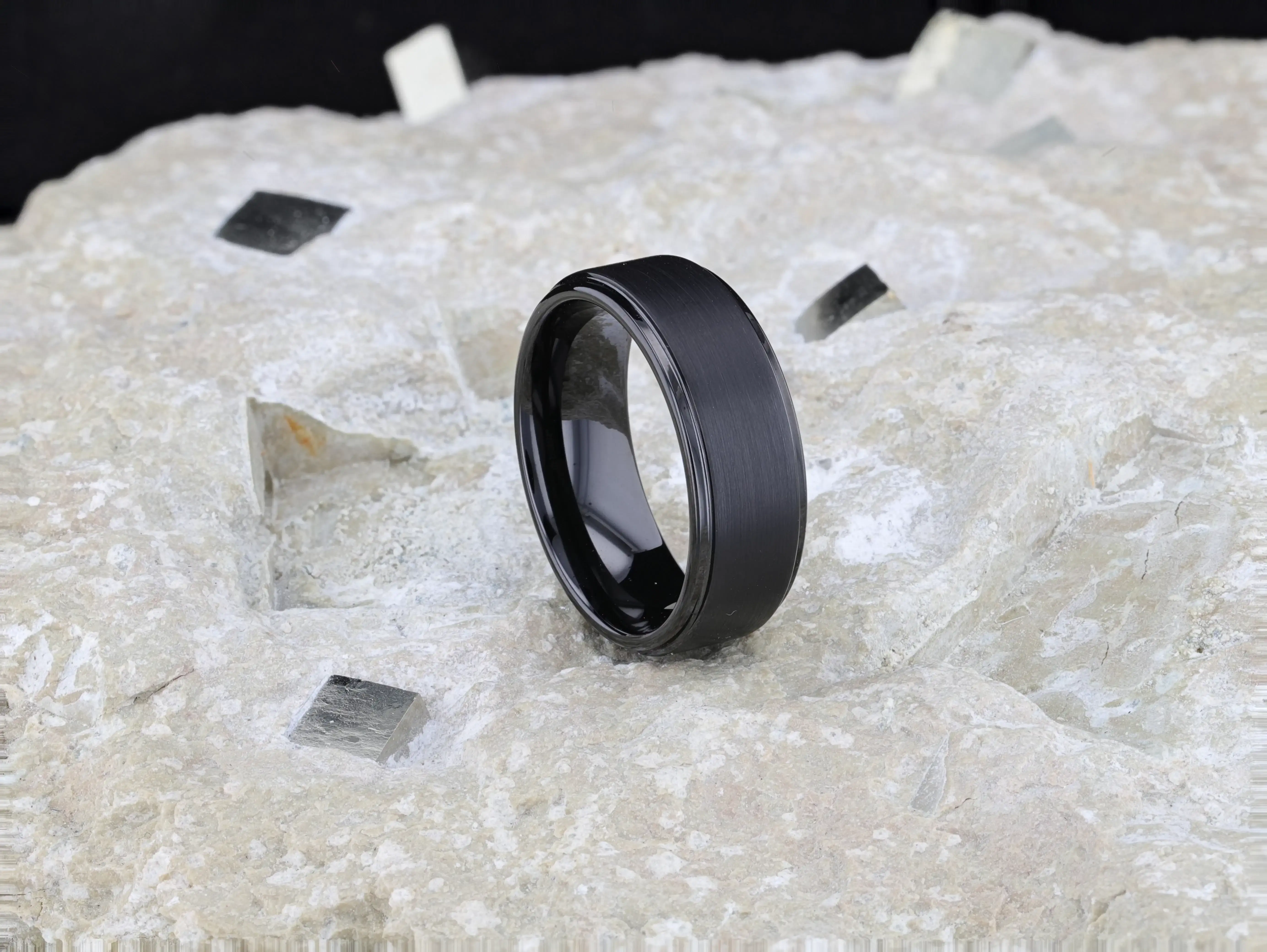ORION Flat Black Tungsten Ring with Brushed Raised Center & Polished Step Edges - 6mm - 8mm - Image 6