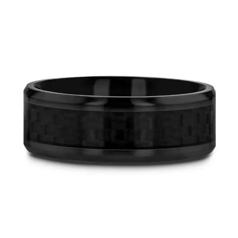 OXYN Black Titanium Polished Beveled Edges Black Carbon Fiber Inlaid Men’s Wedding Band - 6mm & 8mm - Image 3