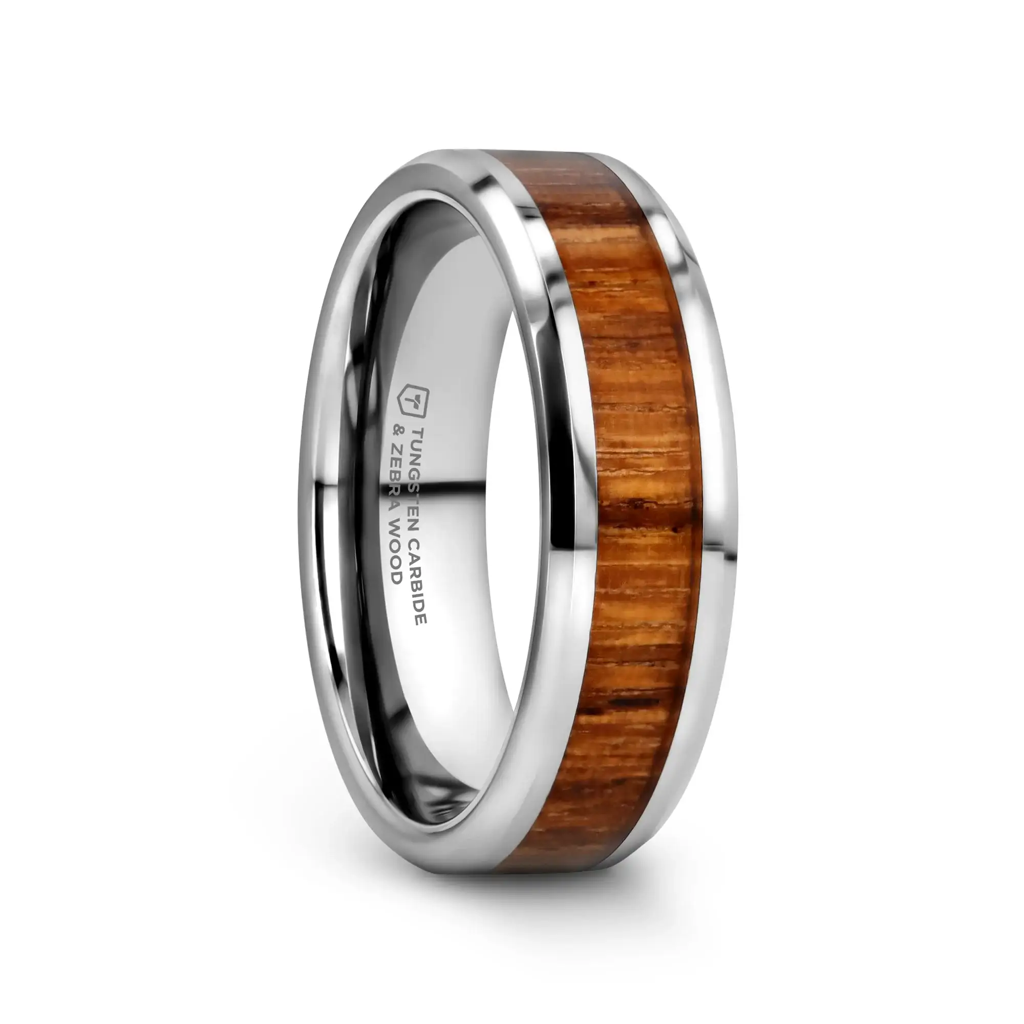 PALMALETTO Tungsten Carbide Ring with Beveled Edges and Real Zebra Wood Inlay - 4mm - 10mm - Image 7