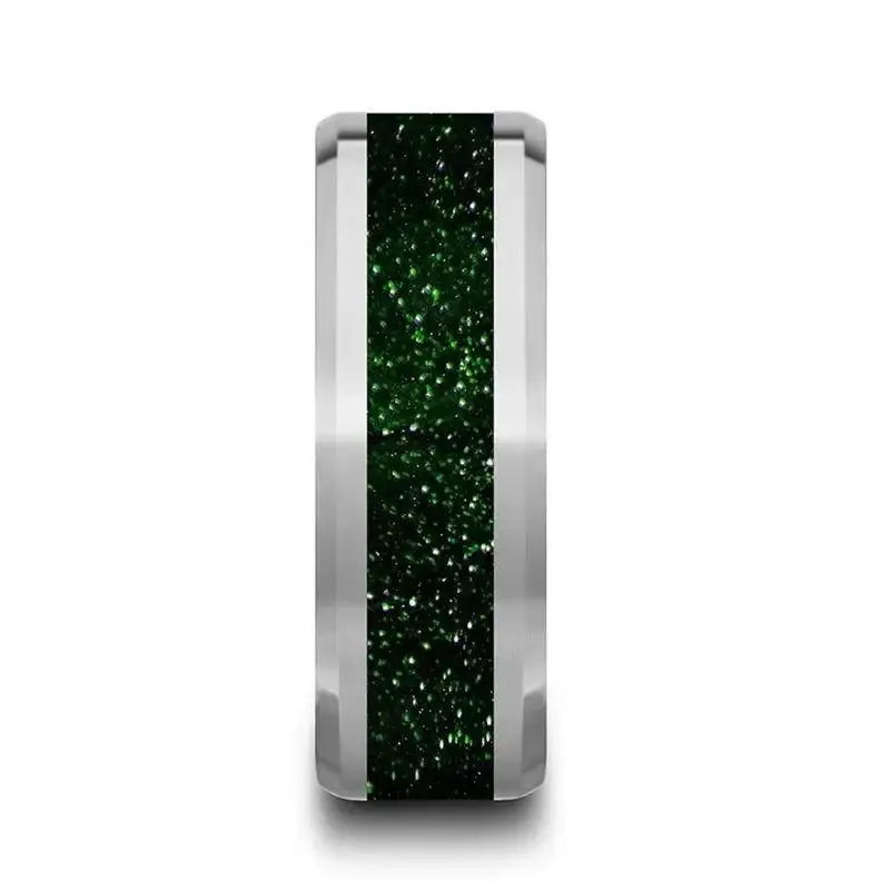 PATRICK Men’s Polished Finish Beveled Edges Tungsten Wedding Band with Green Goldstone Inlay - 8mm - Image 2