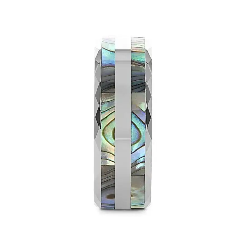 PAUA Double Mother of Pearl Shell Inlay Faceted Tungsten Ring With Beveled Polished Edges - 8mm - Image 2