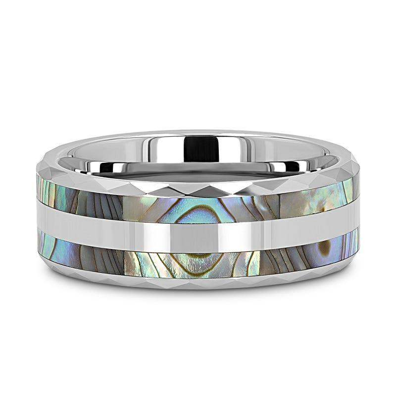 PAUA Double Mother of Pearl Shell Inlay Faceted Tungsten Ring With Beveled Polished Edges - 8mm - Image 3
