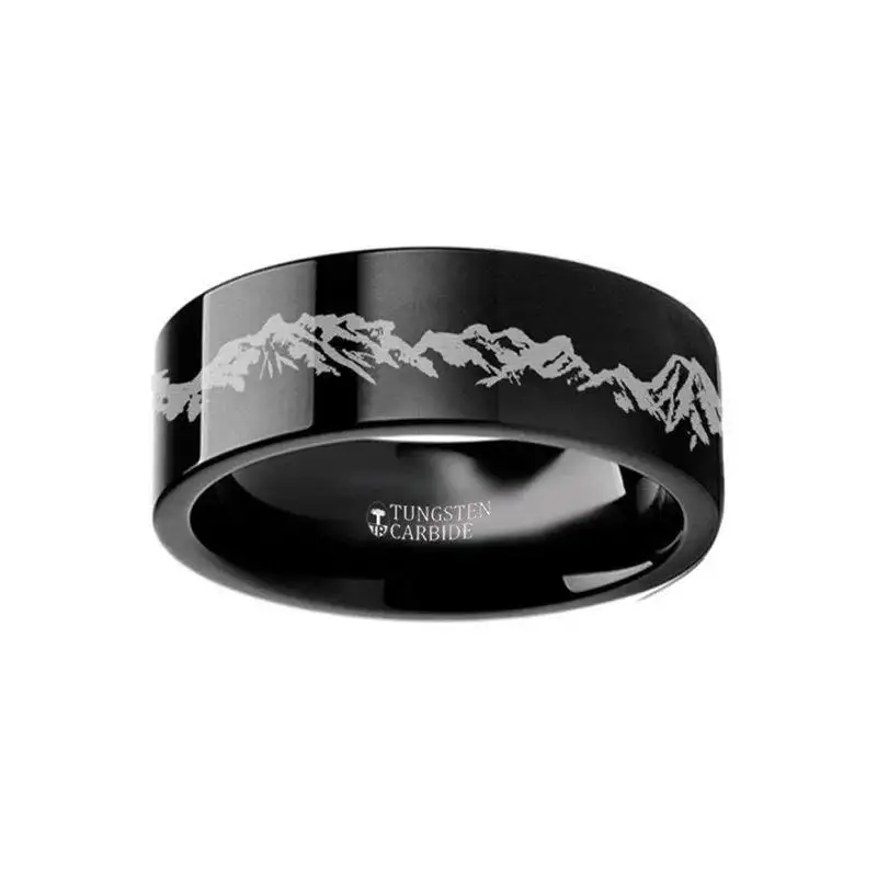 Peaks Mountain Range Outdoors Landscape Engraved Flat Black Tungsten Ring - 4mm - 12mm