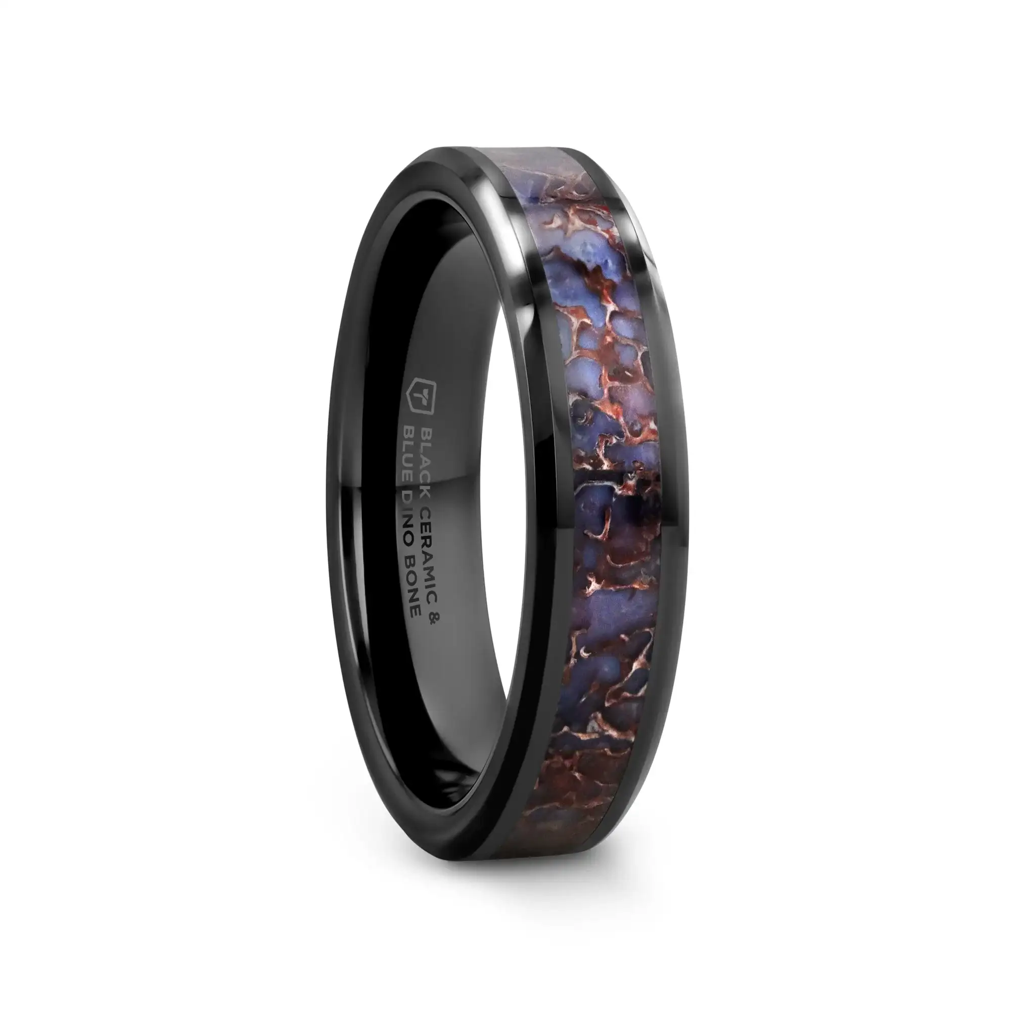 PERMIAN Blue Dinosaur Bone Inlaid Black Ceramic Beveled Edged Ring - 4mm or 8mm - Image 4