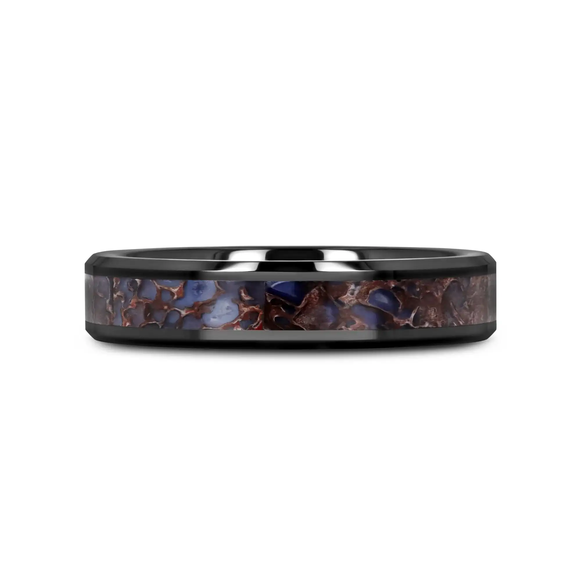PERMIAN Blue Dinosaur Bone Inlaid Black Ceramic Beveled Edged Ring - 4mm or 8mm - Image 6
