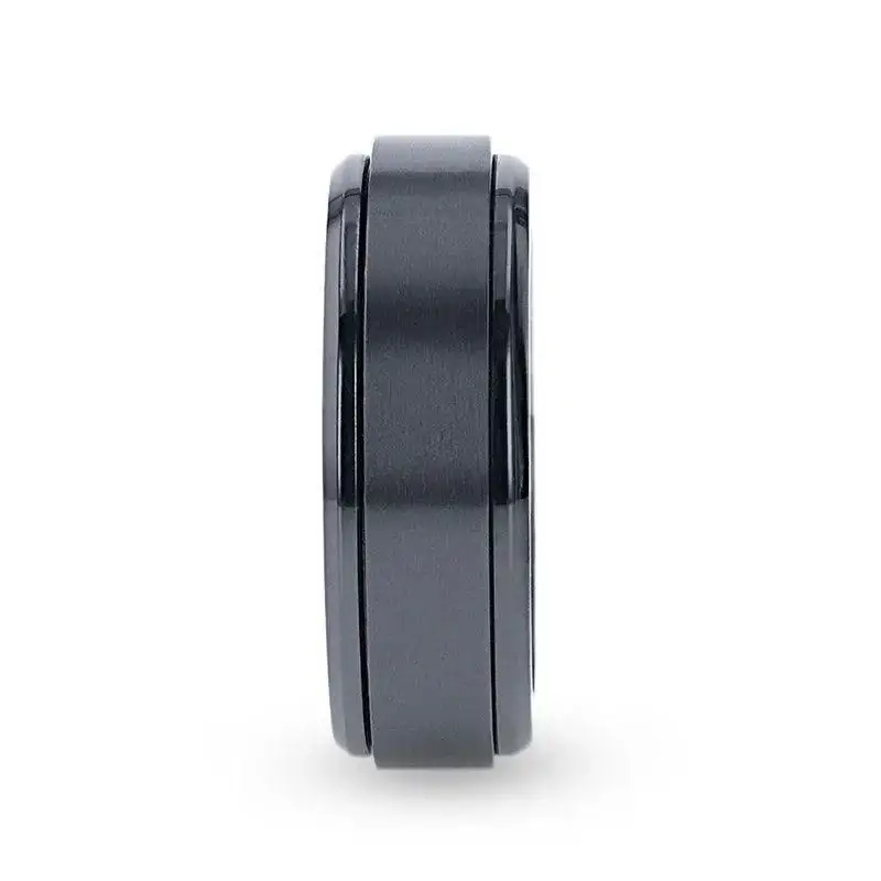 PHANTOM Black Titanium Brushed Center Spinner Men 's Wedding Ring With Spinning Polished Base - 8mm - Image 2