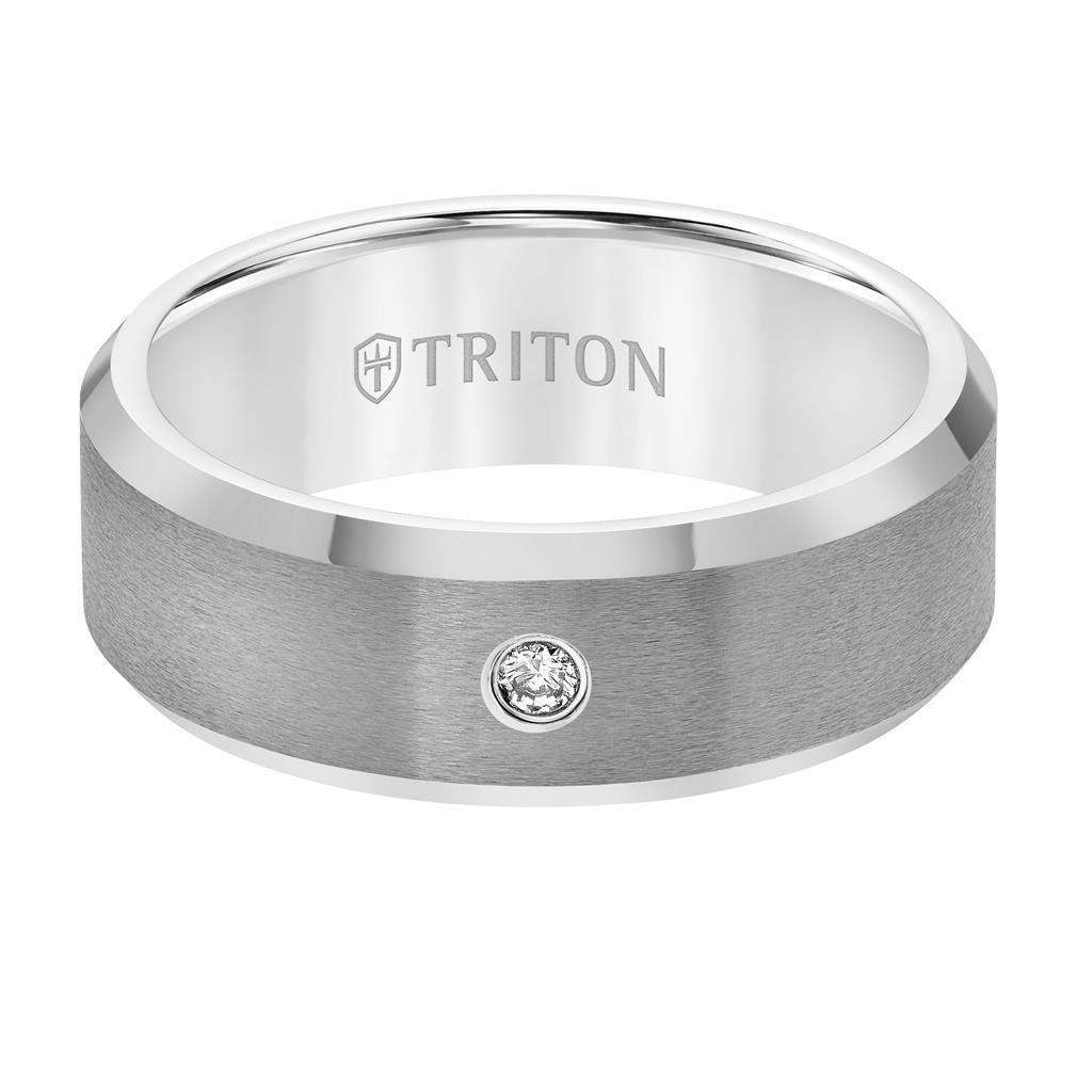 PHILLIP Beveled Tungsten Carbide Wedding Band with Satin Finish and Solitaire Diamond Setting by Triton Rings - 8 mm - Image 2