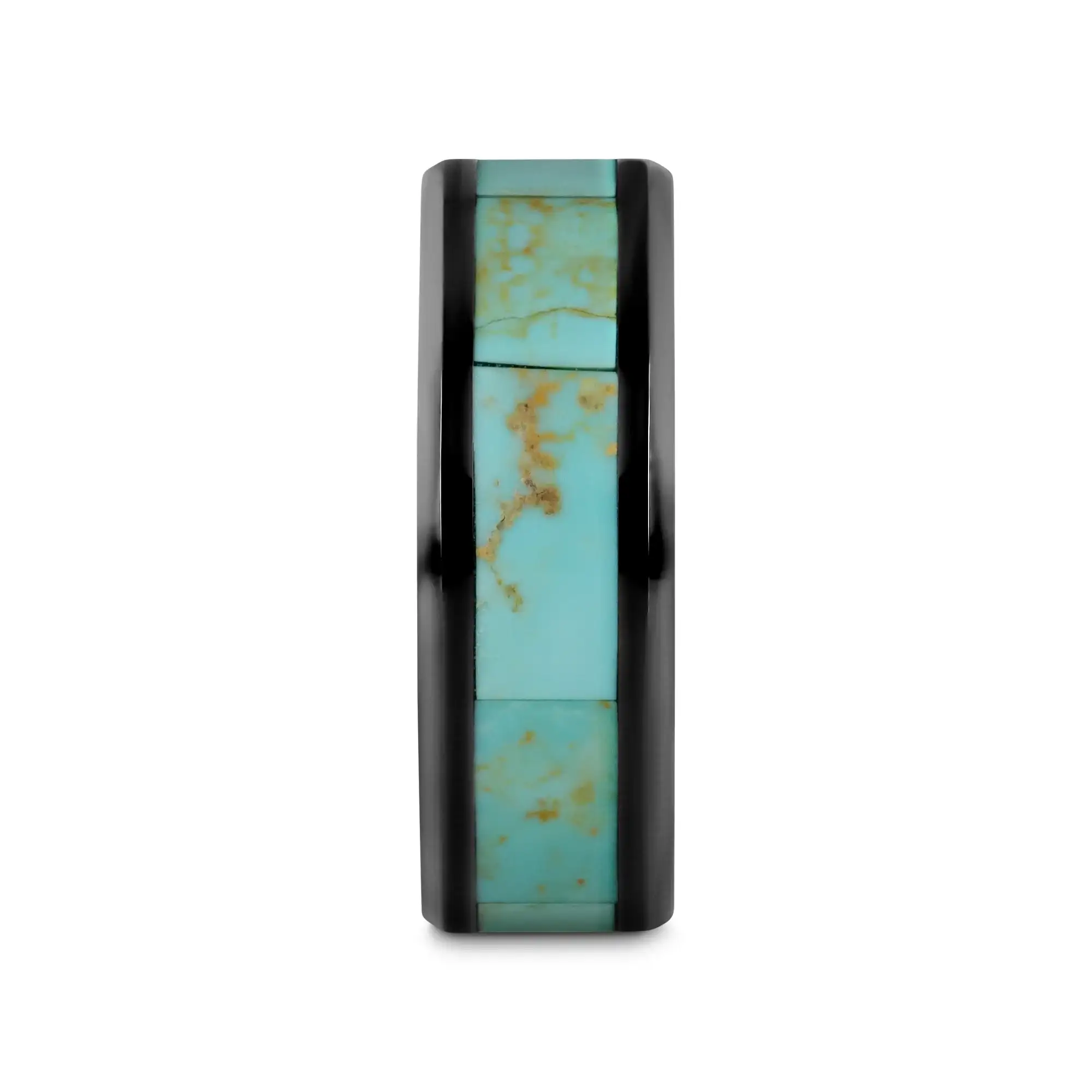PIETRO Men’s Polished Black Ceramic Wedding Band with Light Blue Turquoise Stone Inlay & Polished Beveled Edges - 8mm - Image 2