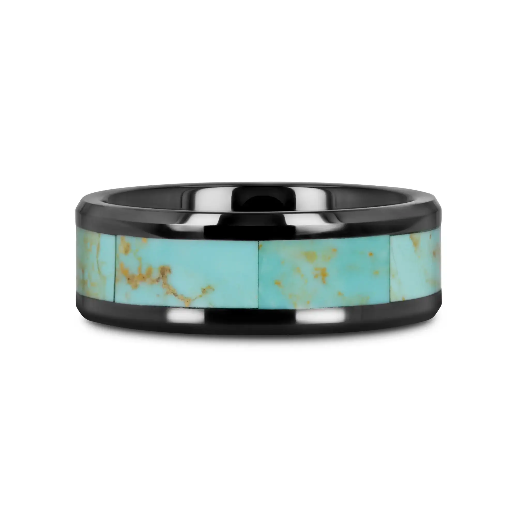 PIETRO Men’s Polished Black Ceramic Wedding Band with Light Blue Turquoise Stone Inlay & Polished Beveled Edges - 8mm - Image 3