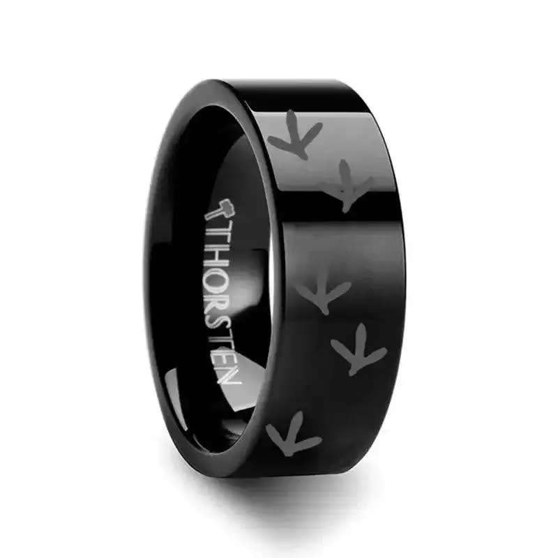 Quail Bird Track Print Engraved Flat Black Tungsten Ring - 4mm - 12mm